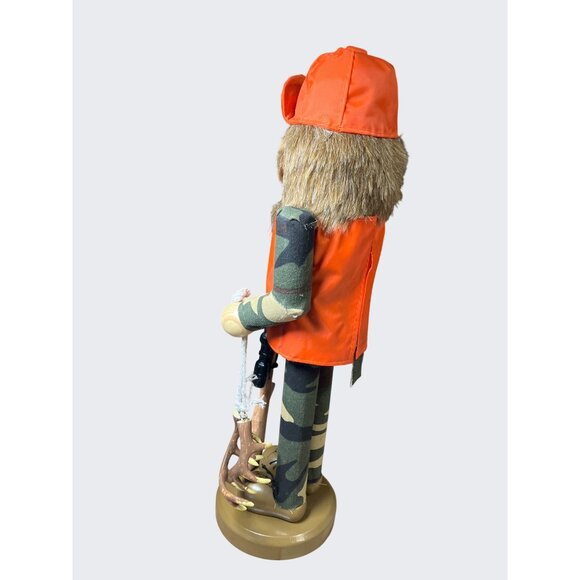 Wooden Hunter Nutcracker In Camouflage & Orange Vest Holding Accessory 14" Tall - Picture 7 of 11
